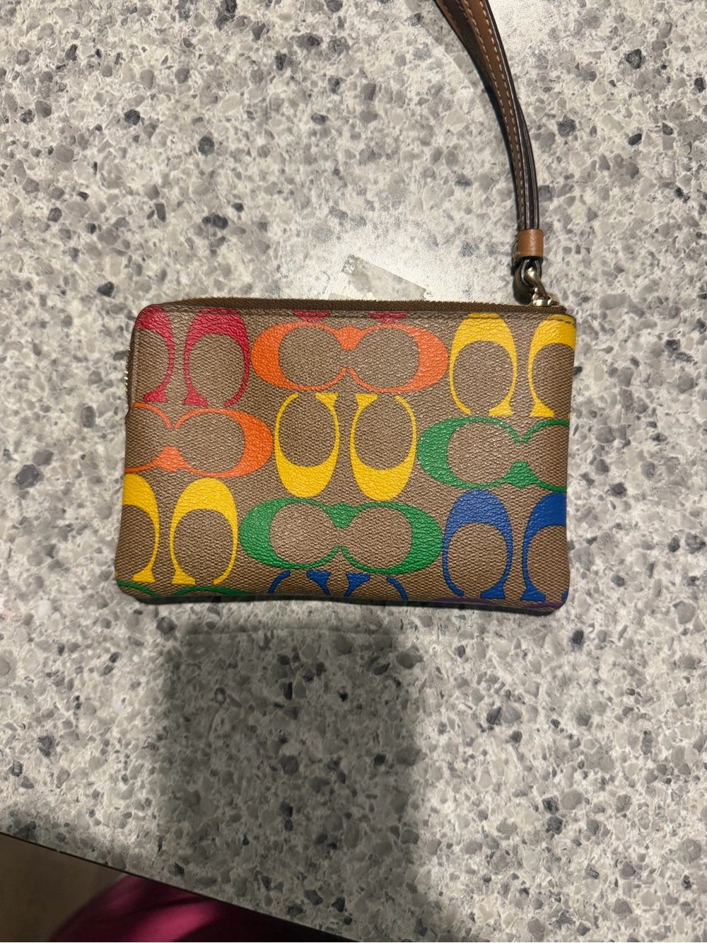 COACH Brown Signature Canvas Wristlet with Rainbow Print - Picture 2 of 3